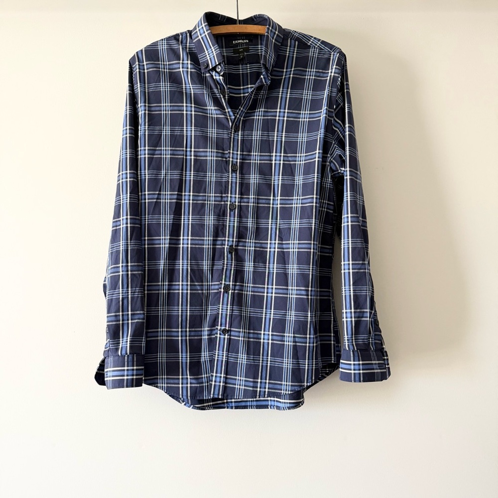 Express Men’s Blue Long Sleeve Slim Plaid Button-Down Shirt M
